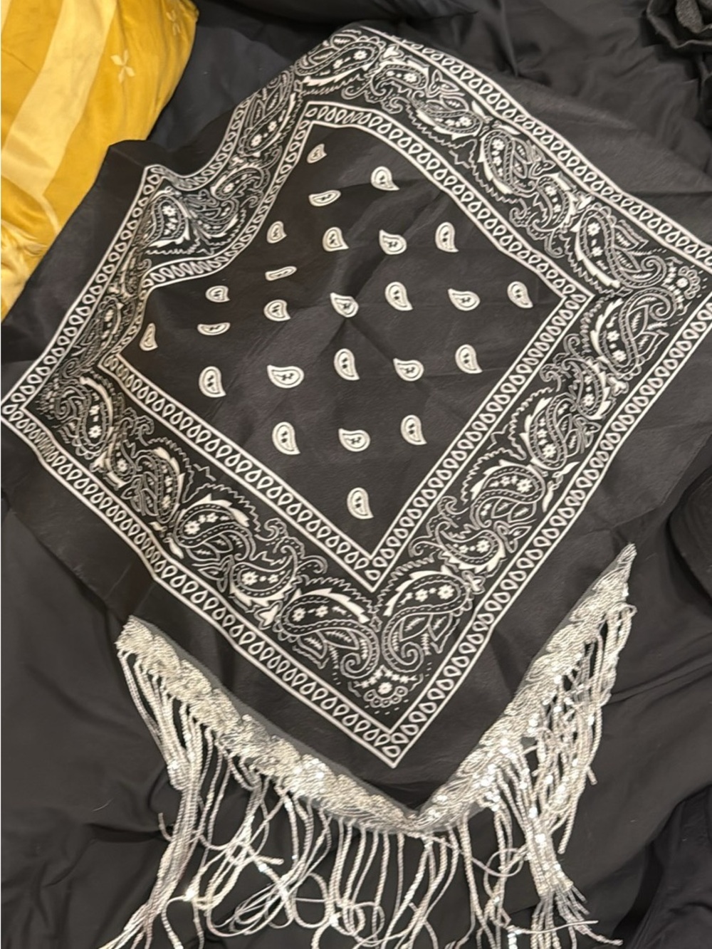 NWOT Black & White Paisley Bandana Scarf with Fringe